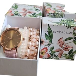 VTG NY.& CO. Gold Face Pink Strap Watch & 4 Matching Stretch Bracelets